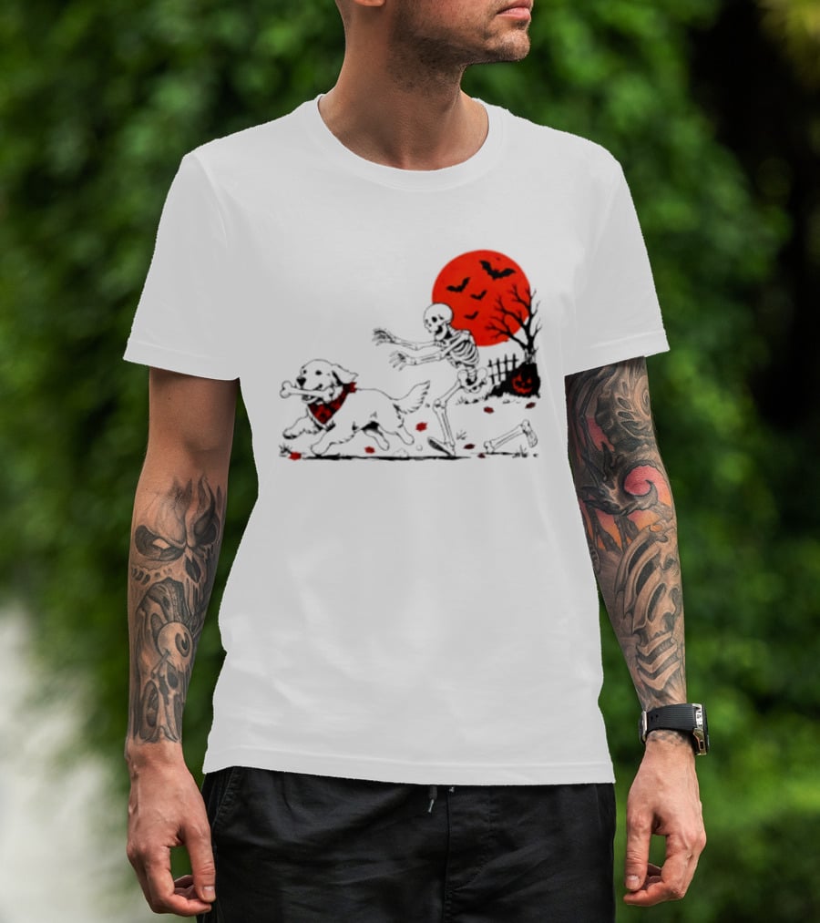 Golden Retriever And Skeleton Chase Under Red Moon With Bats And Pumpkin T-Shirt