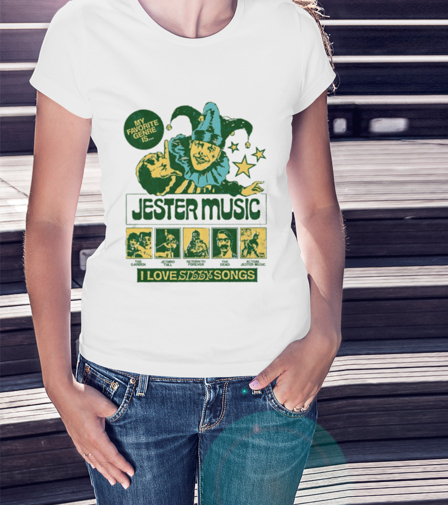 My Favorite Genre Is Jester Music I Love Silly Songs Playful Jester With Stars T-Shirt