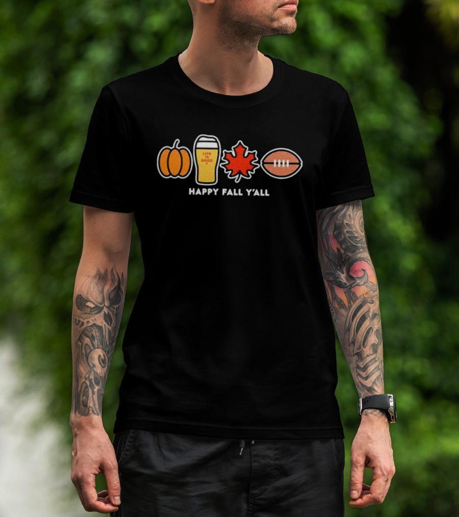 Pumpkin Life Is Good Beer Leaf Football Happy Fall Y'all Autumn Season T-Shirt