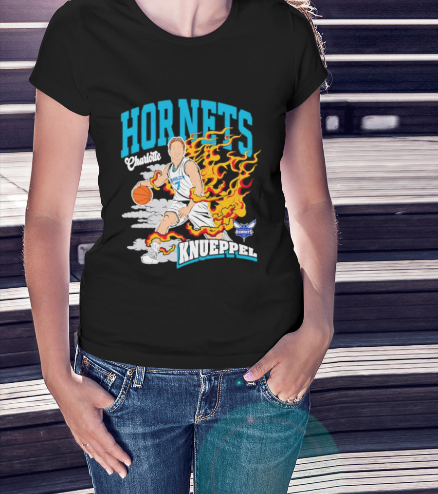 Charlotte Hornets Kon Knueppel Basketball With Flames Motif T-Shirt