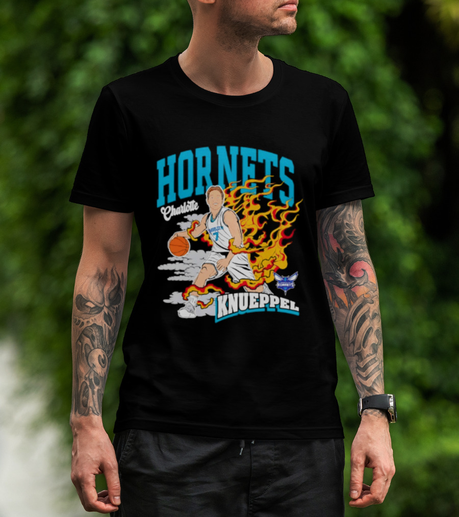 Charlotte Hornets Kon Knueppel Basketball With Flames Motif T-Shirt