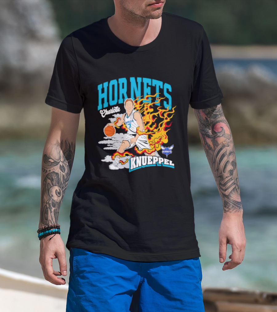 Charlotte Hornets Kon Knueppel Basketball With Flames Motif T-Shirt