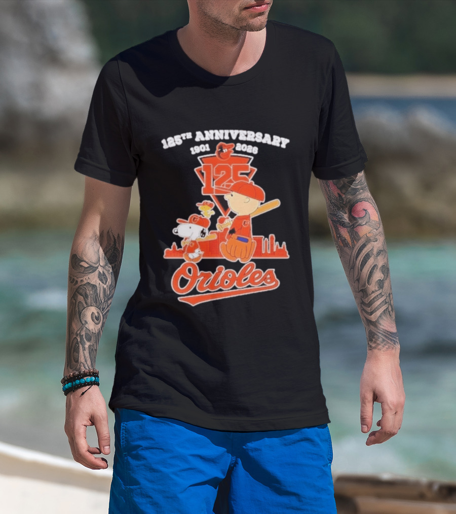 Peanuts Snoopy Baltimore Orioles 125th Anniversary 1901 2026 Skyline Baseball T-Shirt
