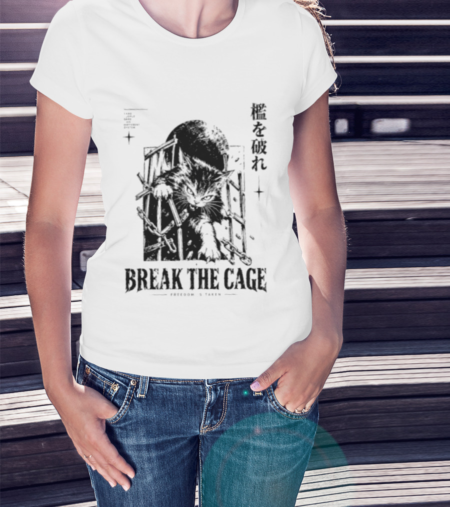 Break The Cage Freedom Is Taken Cat Kanji T-Shirt