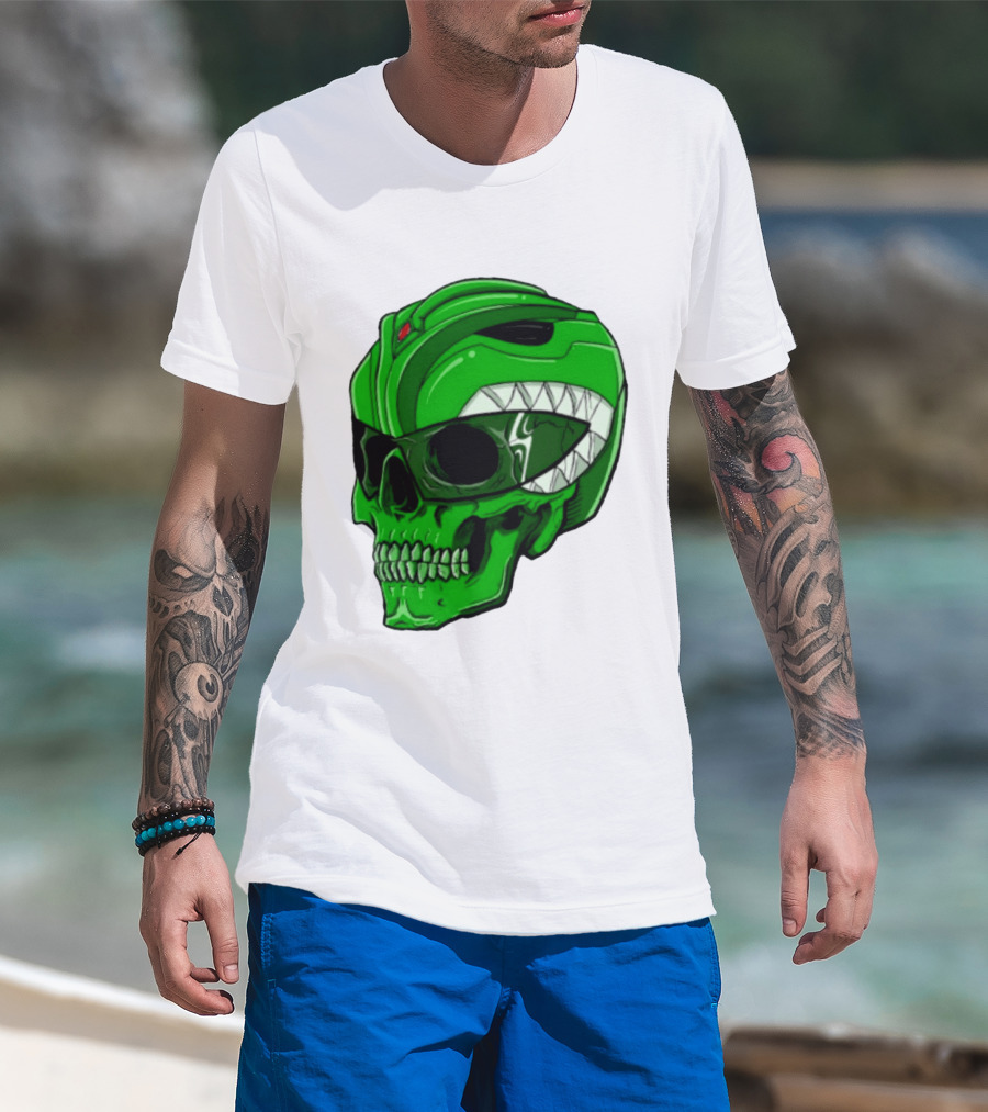 Mighty Morphin Power Rangers Green Ranger Zombie Skull Helmet Mashup T-Shirt