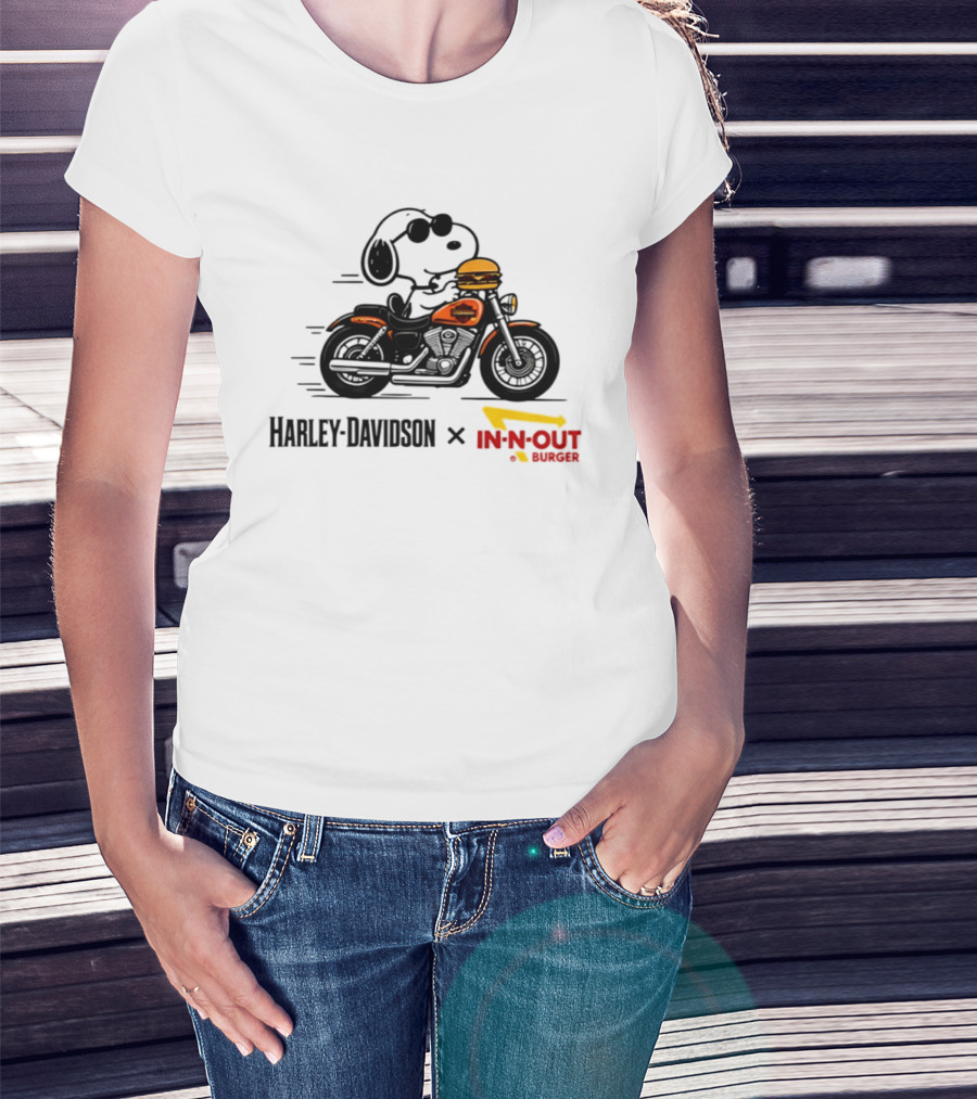 Snoopy Riding Harley Davidson With In N Out Burger Collaboration T-Shirt
