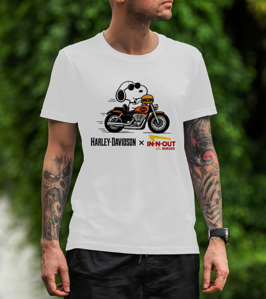 Snoopy Riding Harley Davidson With In N Out Burger Collaboration T-Shirt