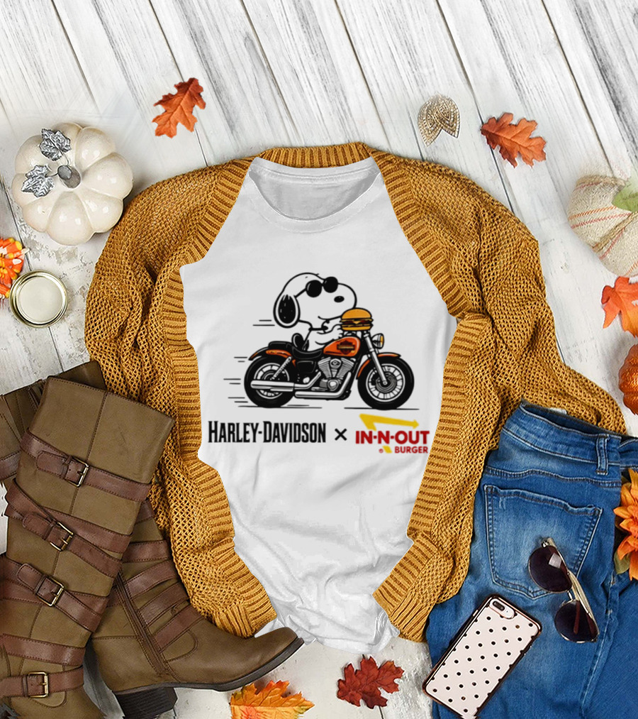 Snoopy Riding Harley Davidson With In N Out Burger Collaboration T-Shirt