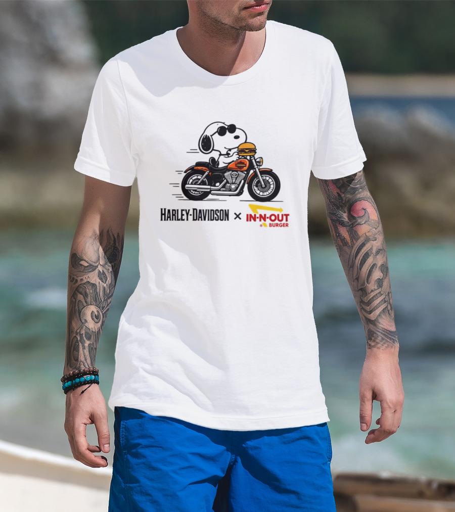 Snoopy Riding Harley Davidson With In N Out Burger Collaboration T-Shirt