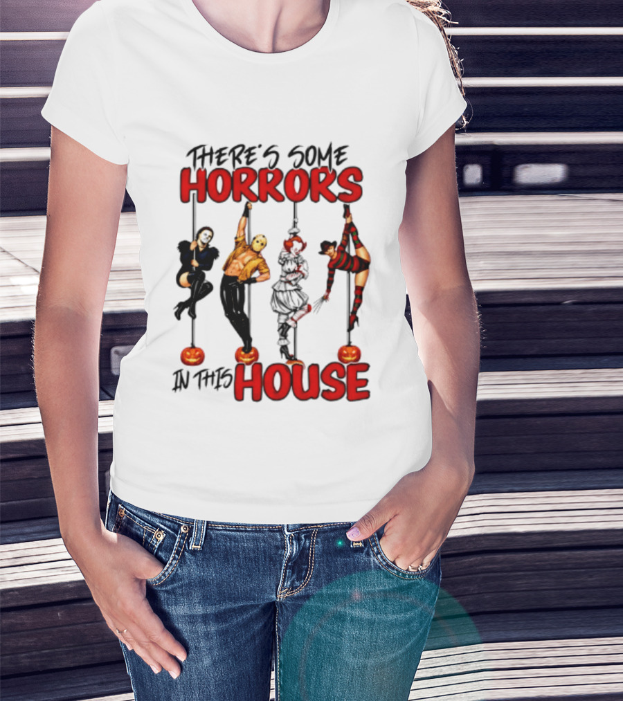 There's Some Horrors In This House Halloween Characters Pumpkin Poles T-Shirt