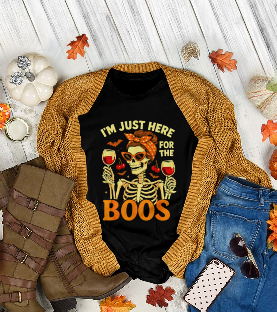 I'm Just Here For The Boos Skeleton Wine Cherries Halloween T-Shirt