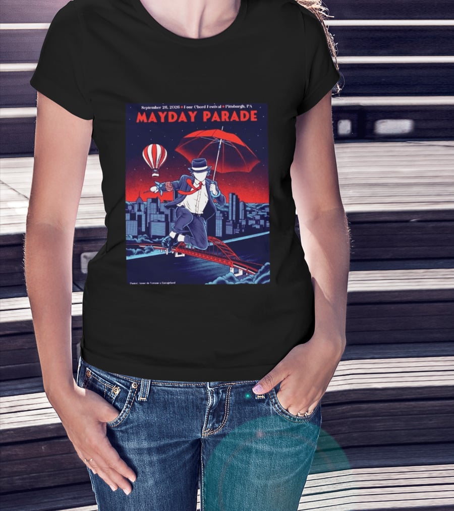 Mayday Parade September 26 2026 Four Chord Festival Pittsburgh PA Hot Air Balloon Umbrella Cityscape T-Shirt