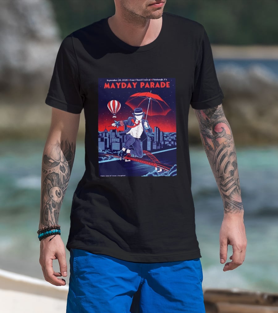 Mayday Parade September 26 2026 Four Chord Festival Pittsburgh PA Hot Air Balloon Umbrella Cityscape T-Shirt