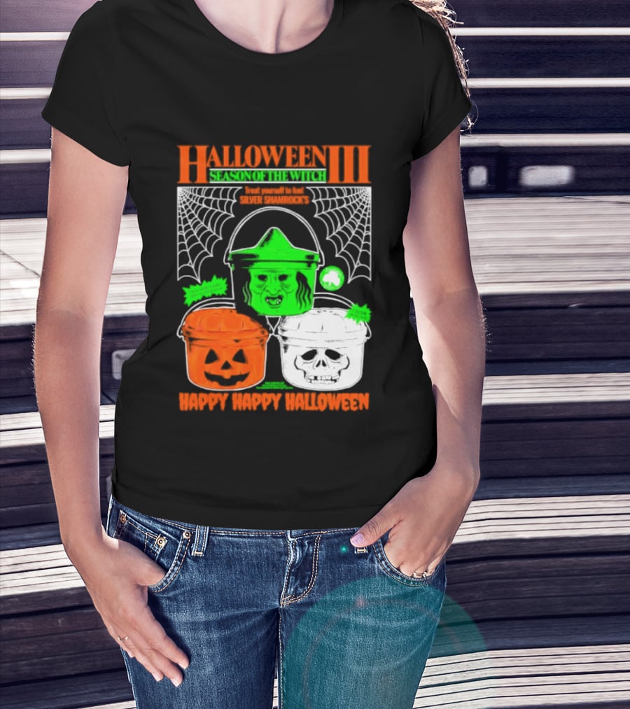 Halloween III Season Of The Witch Silver Shamrock Pumpkin Skull Witch Buckets Happy Happy Halloween T-Shirt