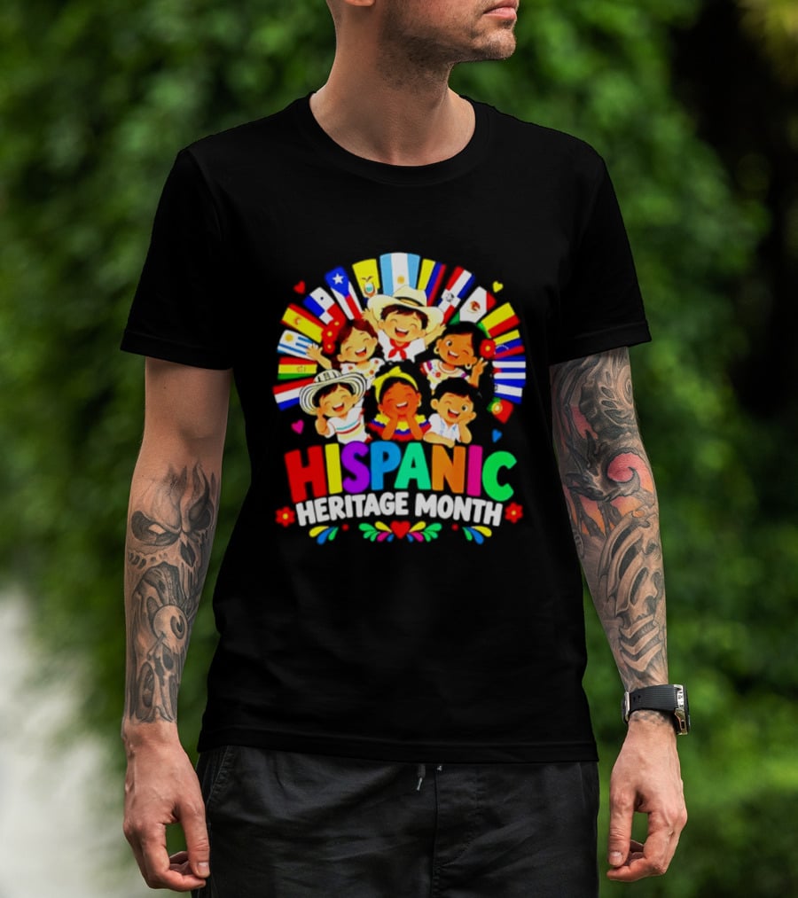 Hispanic Heritage Month Celebration With Latino Countries Flags And Happy Children T-Shirt