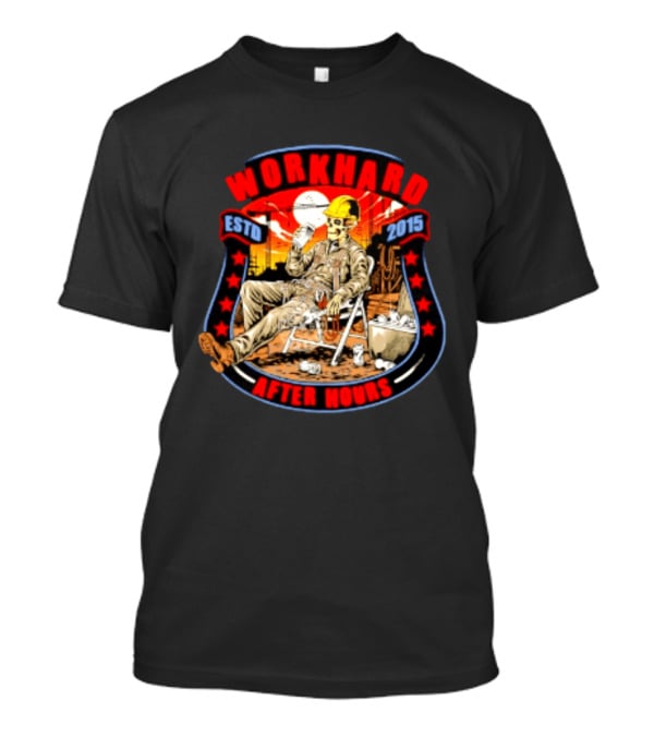 Work Hard After Hours Estd 2015 Skeleton Construction Worker Relaxing Moonlight Scene T-Shirt