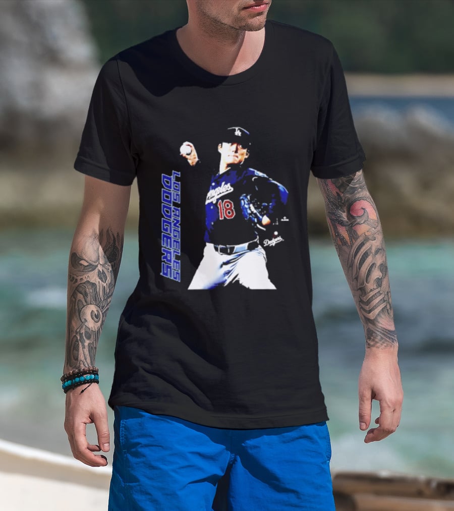 Los Angeles Dodgers Yoshinobu Yamamoto Number 18 MLB Pitcher Swing T-Shirt
