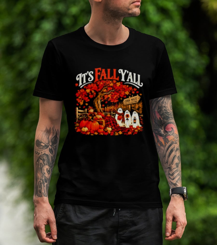 It's Fall Y'all Corn Maze Pumpkins Scarecrow Ghosts Halloween Tree T-Shirt