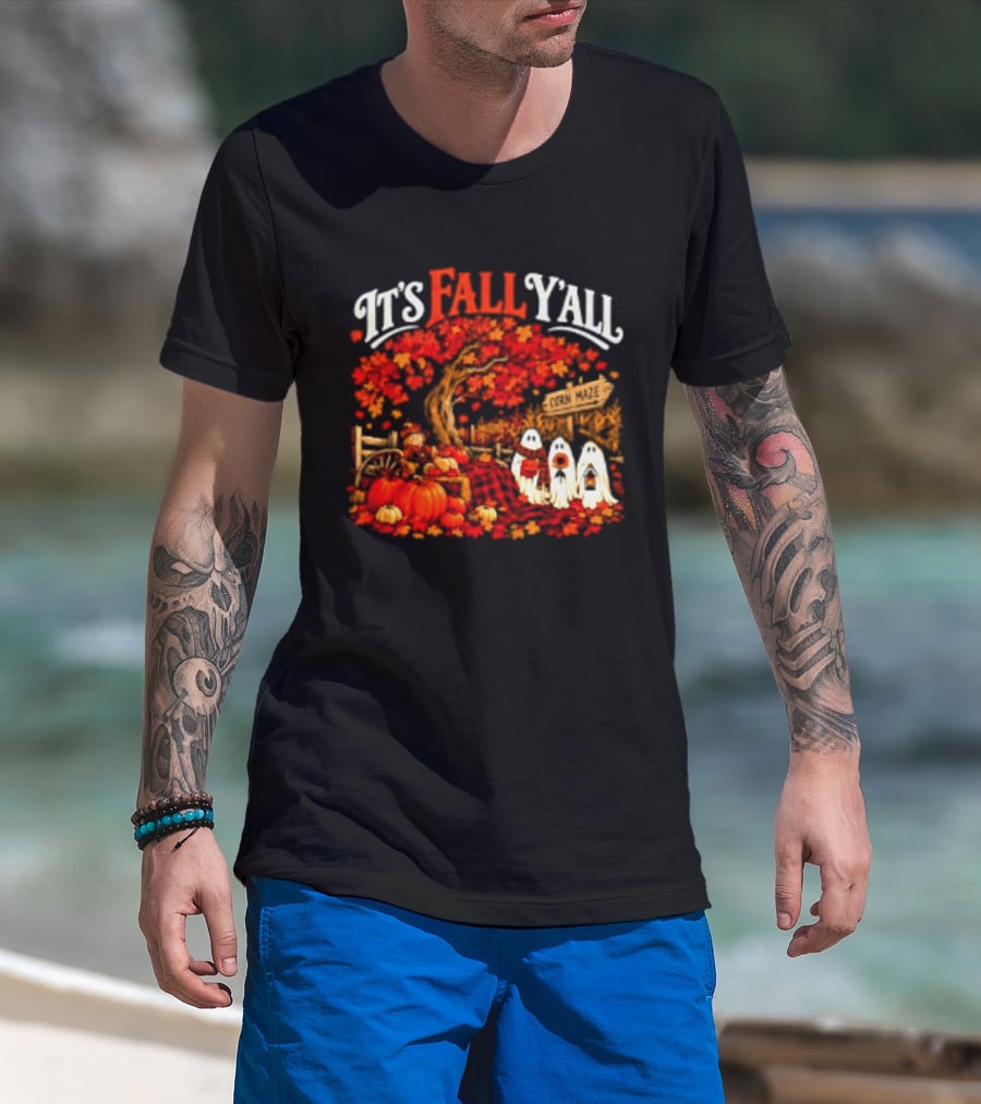It's Fall Y'all Corn Maze Pumpkins Scarecrow Ghosts Halloween Tree T-Shirt