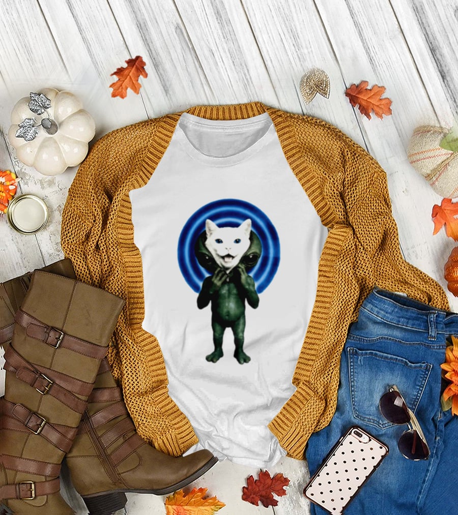Cat Unzipping Alien Costume Sci Fi Whimsical Blue Ripple Effect T-Shirt