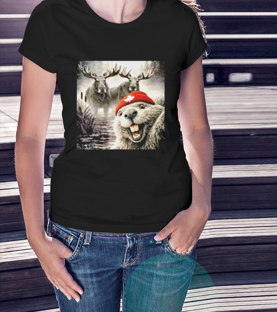 Beaver With Maple Leaf Beanie And Moose Forest Scene T-Shirt