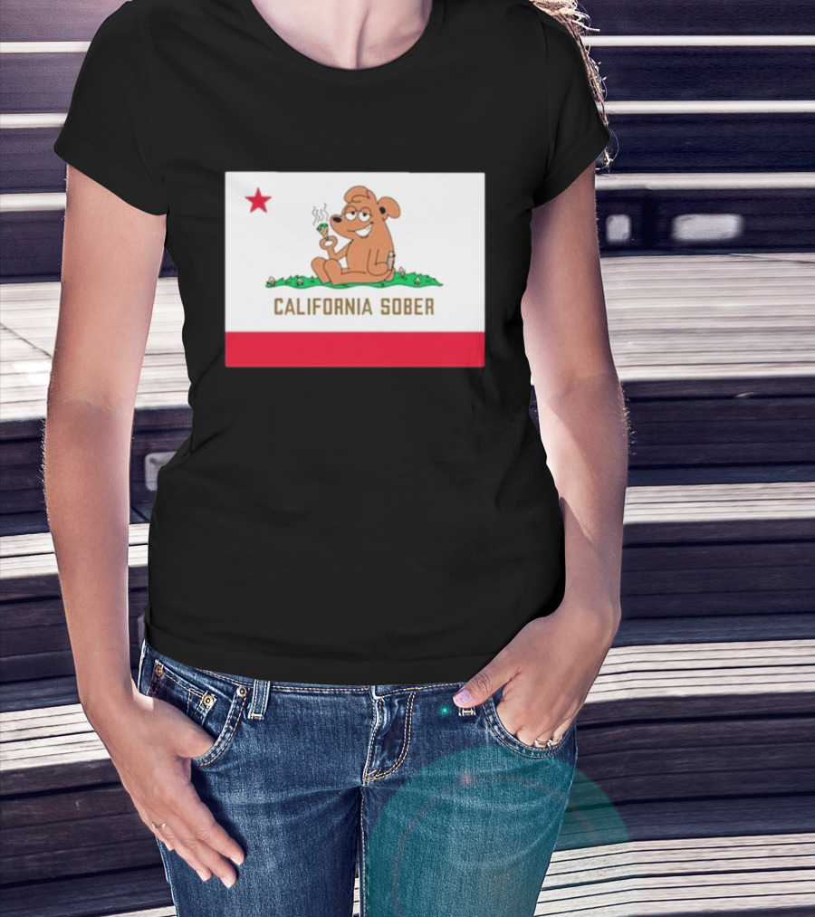 California Sober Bear With Joint And Drink State Flag T-Shirt