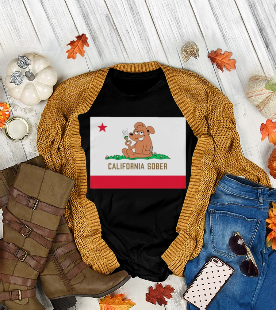 California Sober Bear with Joint and Drink State Flag T-Shirt