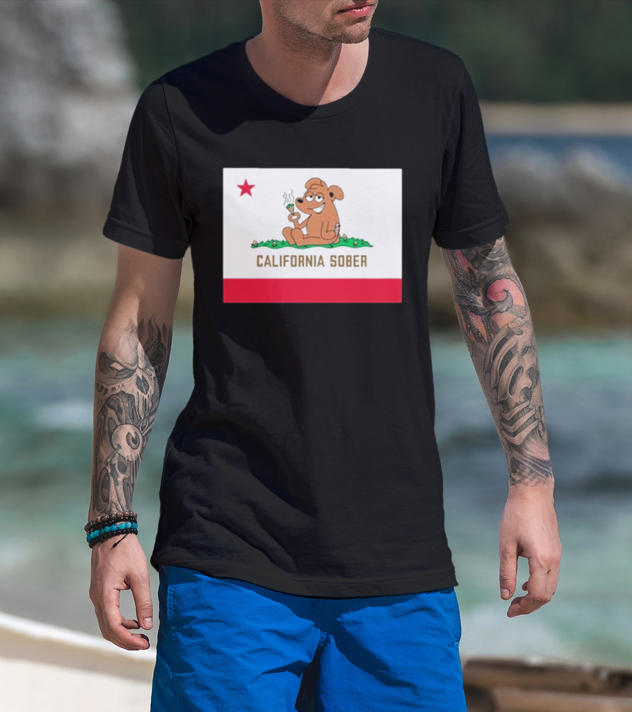 California Sober Bear With Joint And Drink State Flag T-Shirt