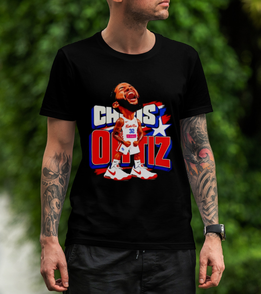 Chris Ortiz Puerto Rico Basketball Player Caricature With Jersey Number 32 Nike Sneakers T-Shirt