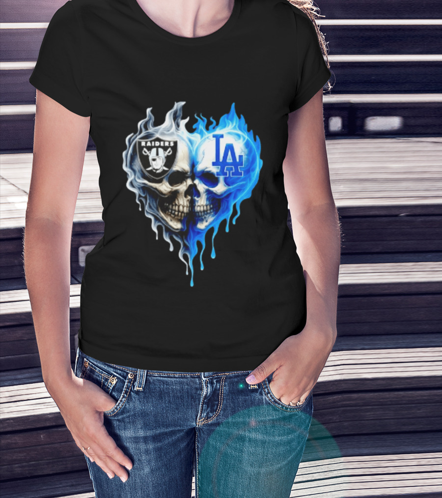 Las Vegas Raiders Los Angeles Dodgers Skulls Heart Blue Flames T-Shirt