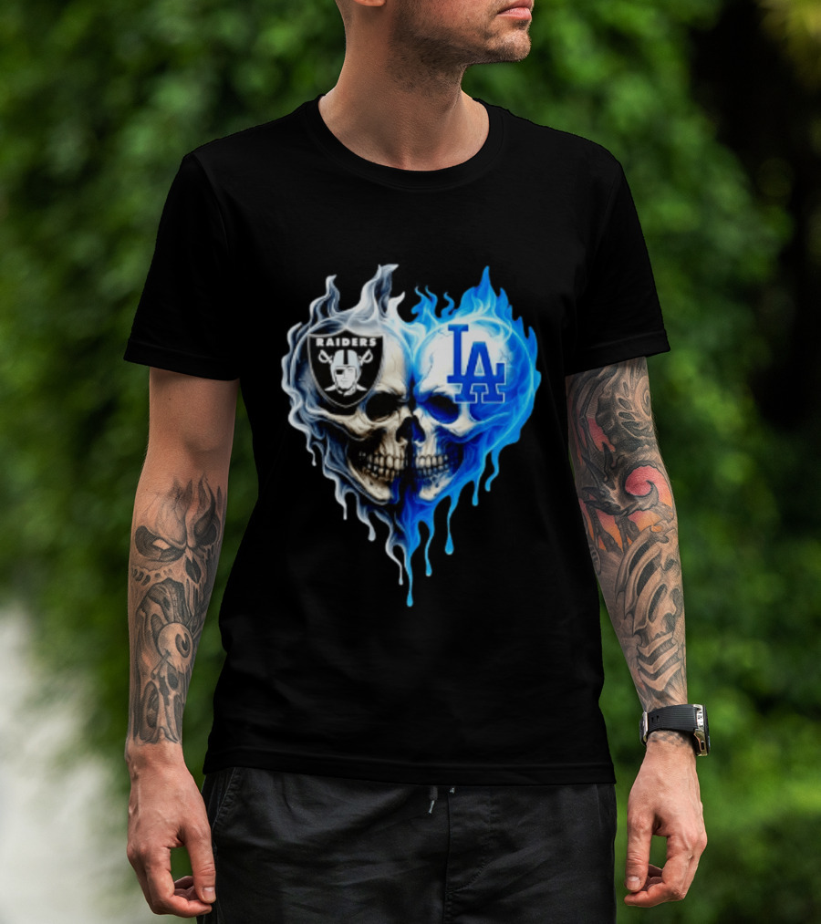 Las Vegas Raiders Los Angeles Dodgers Skulls Heart Blue Flames T-Shirt