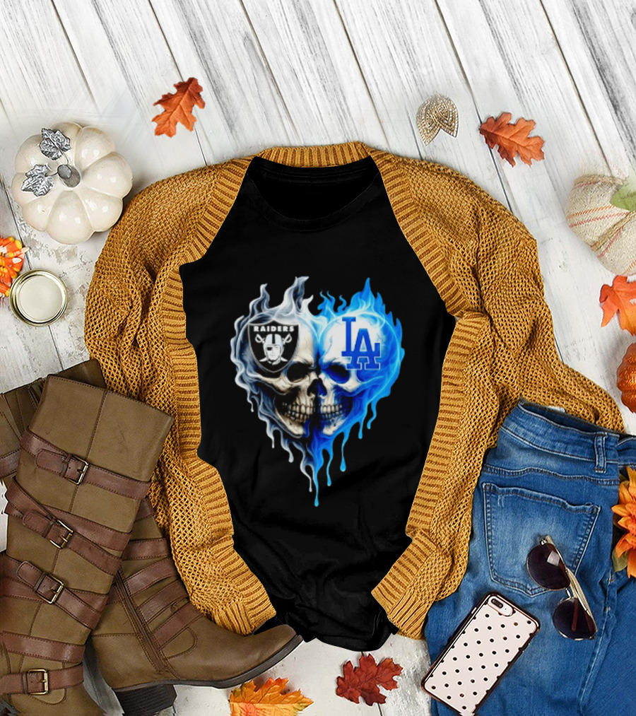 Las Vegas Raiders Los Angeles Dodgers Skulls Heart Blue Flames T-Shirt