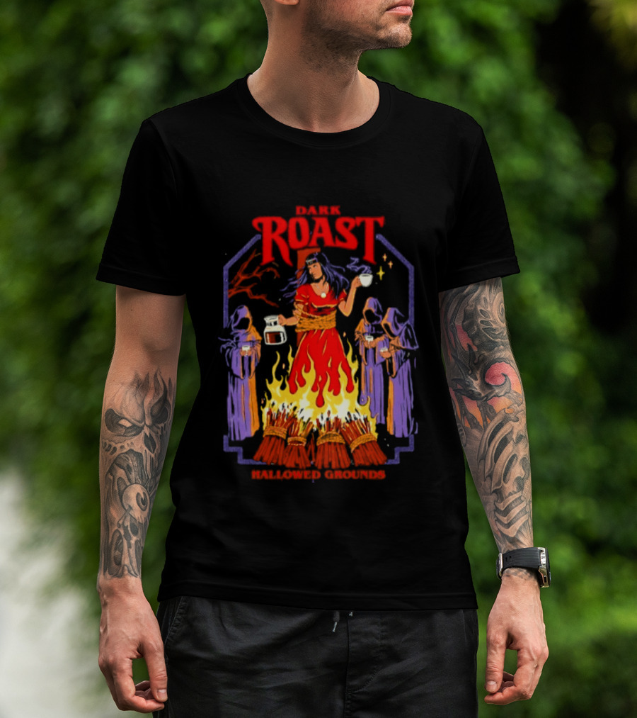 Dark Roast Hallowed Grounds Coffee Witch Brewing Flames And Rituals T-Shirt