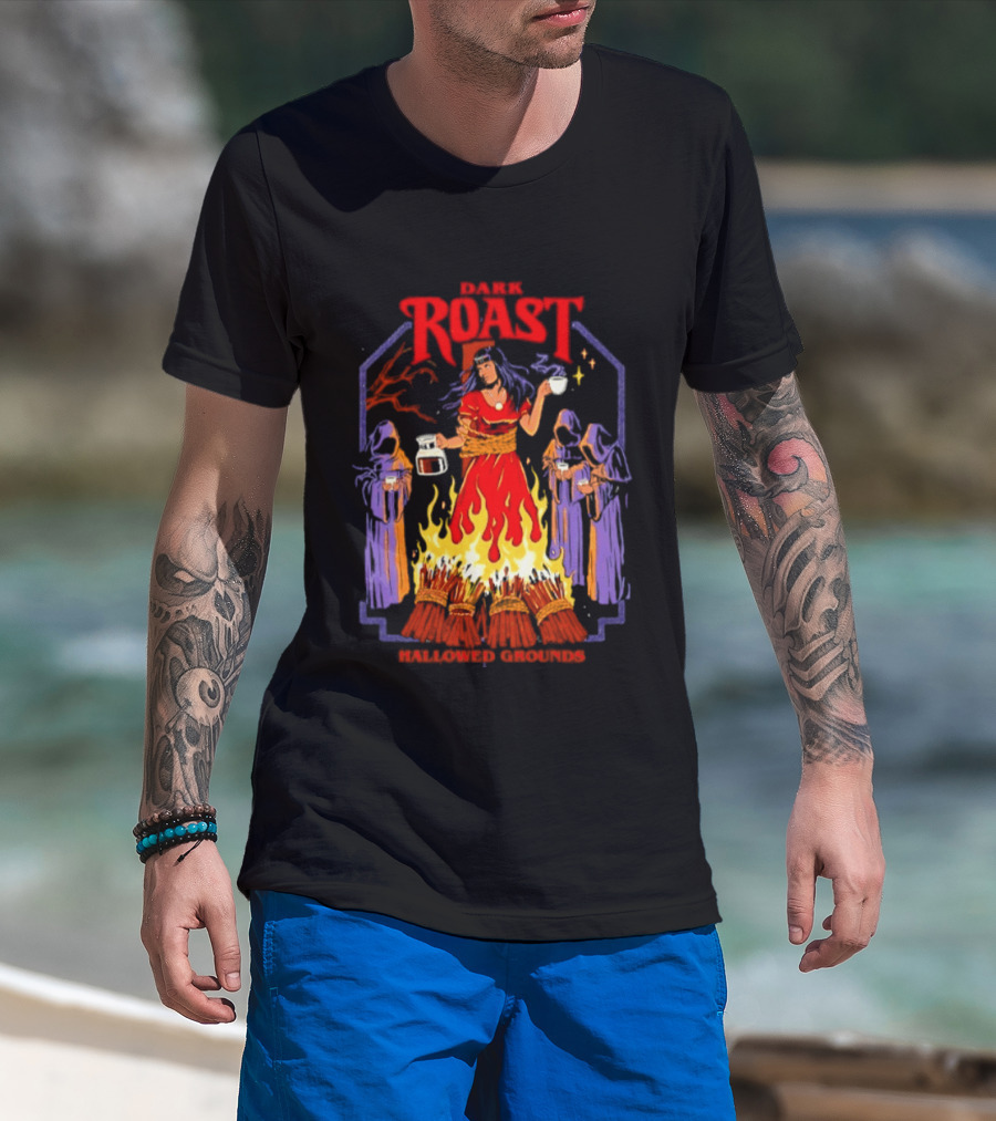 Dark Roast Hallowed Grounds Coffee Witch Brewing Flames And Rituals T-Shirt