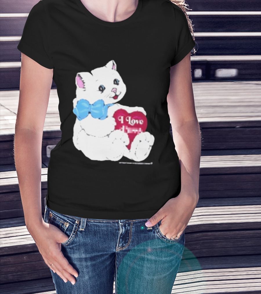 I Love Pussy Cats Heart Blue Bow Adorable White Kitten T-Shirt