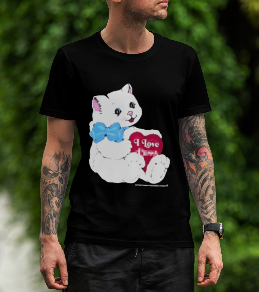 I Love Pussy Cats Heart Blue Bow Adorable White Kitten T-Shirt