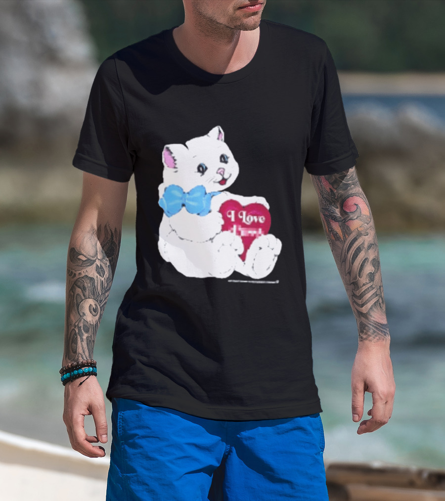 I Love Pussy Cats Heart Blue Bow Adorable White Kitten T-Shirt