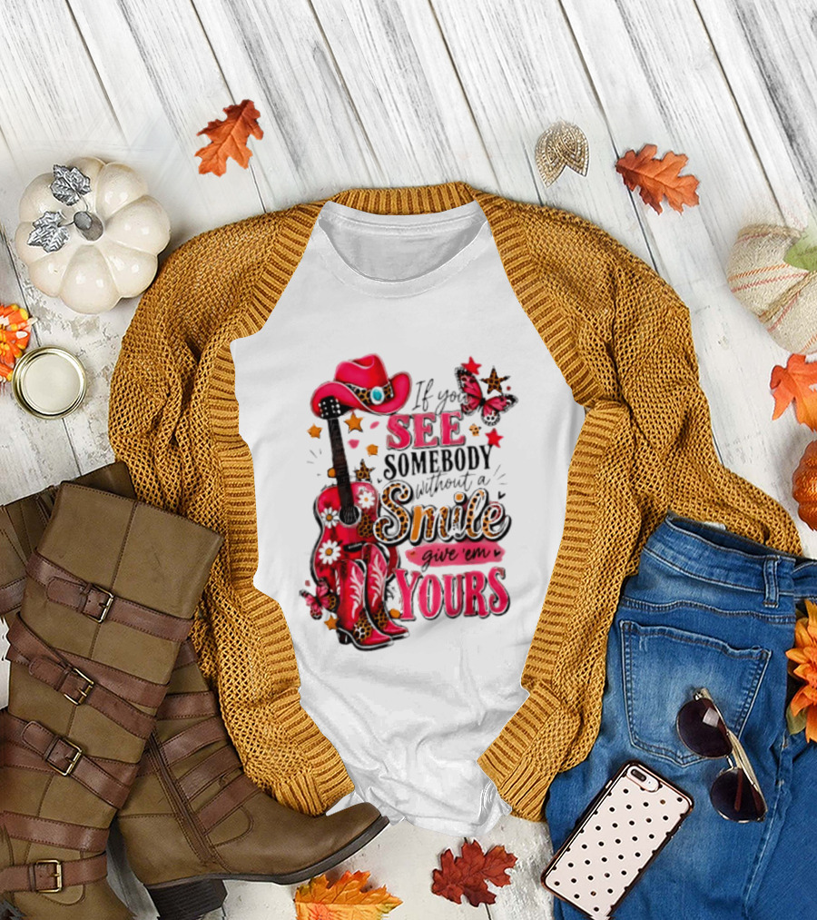 If You See Somebody Without A Smile Give 'Em Yours Cowgirl Pink Hat Boots Butterfly Leopard Print T-Shirt