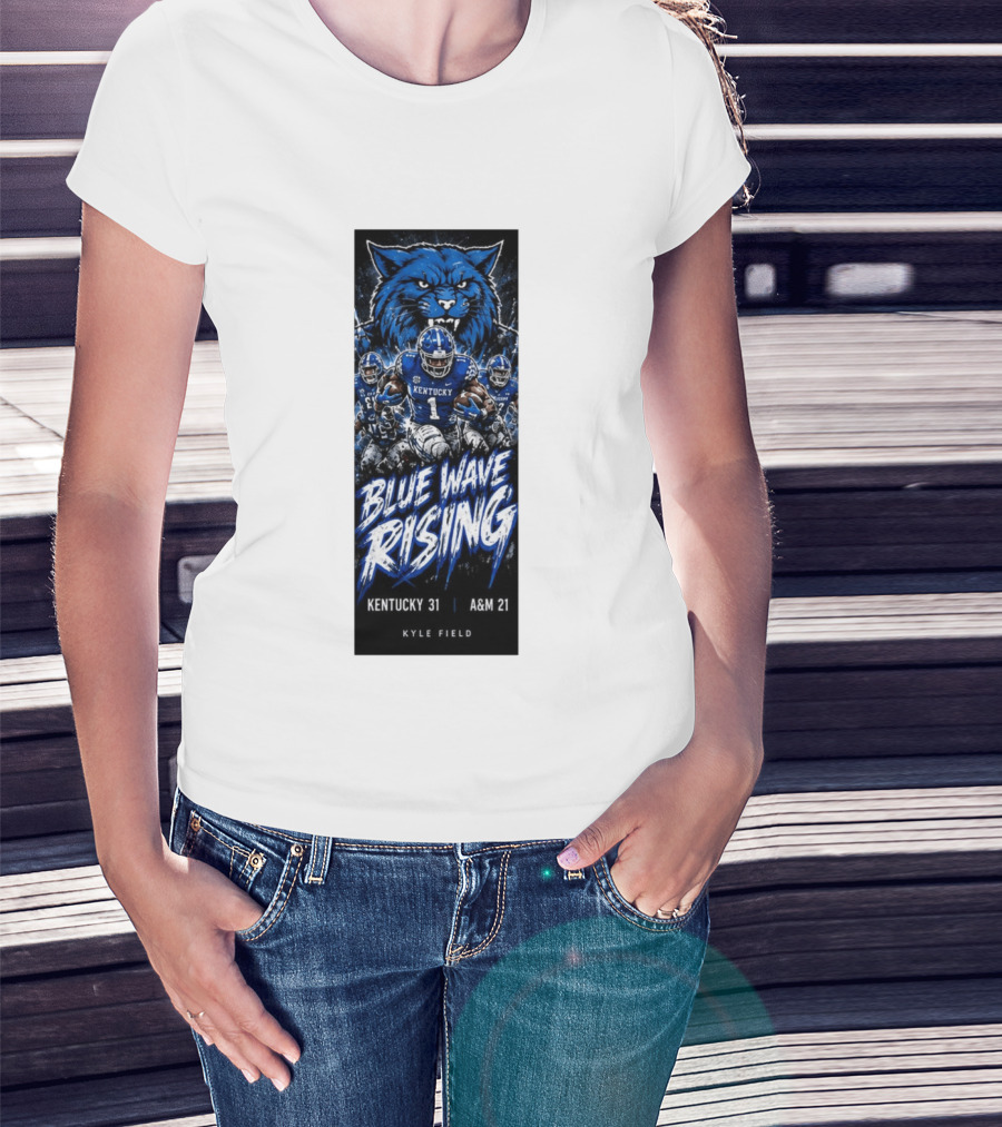 NCAA Kentucky Wildcats Blue Wave Rising 31 To 21 Victory At Texas AM Kyle Field T-Shirt