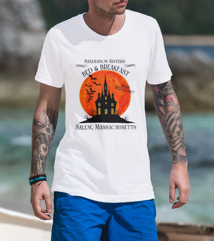 Sanderson Sisters Bed And Breakfast Kids Welcome Salem Massachusetts Halloween Bats Haunted House T-Shirt