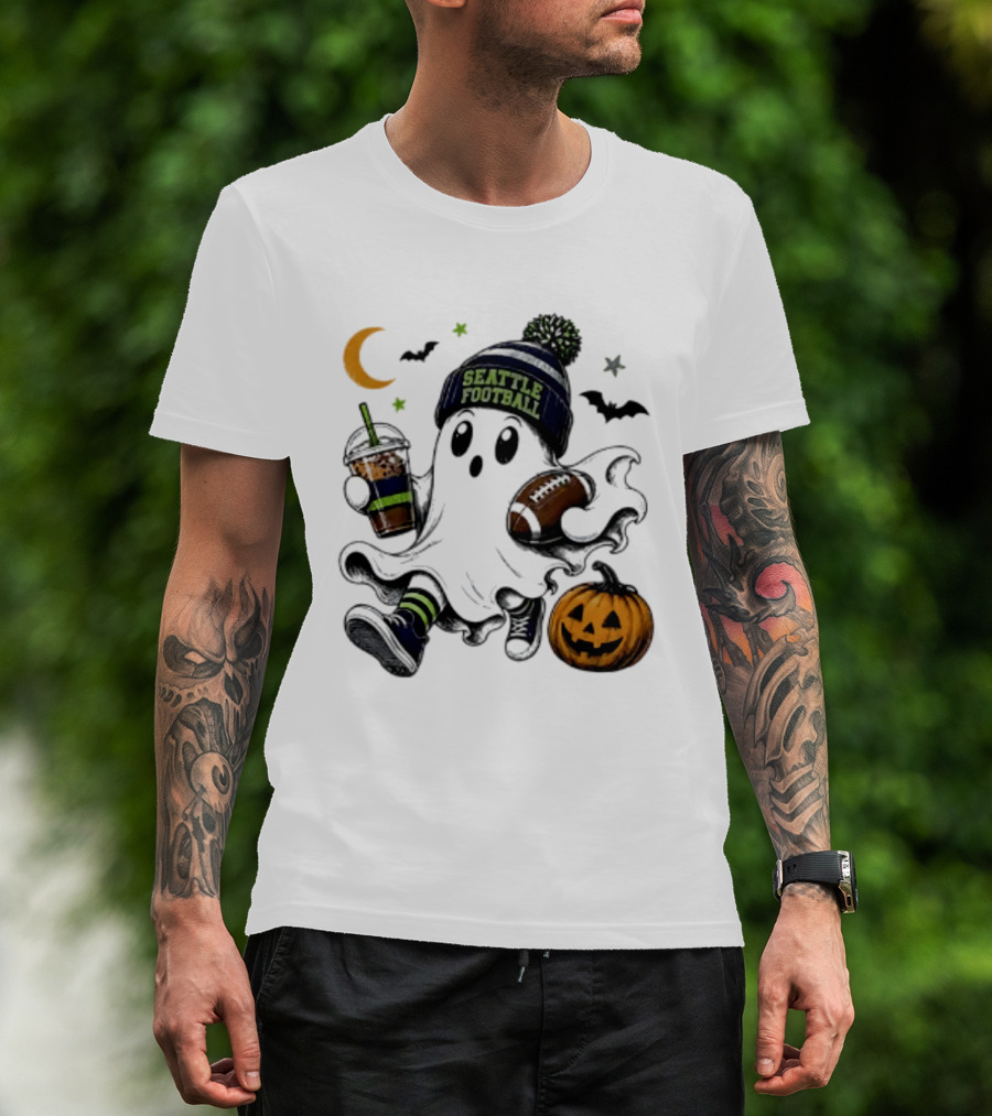 Seattle Football Halloween Ghost With Pumpkin Coffee And Moon T-Shirt