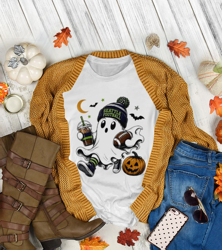 Seattle Football Halloween Ghost With Pumpkin Coffee And Moon T-Shirt
