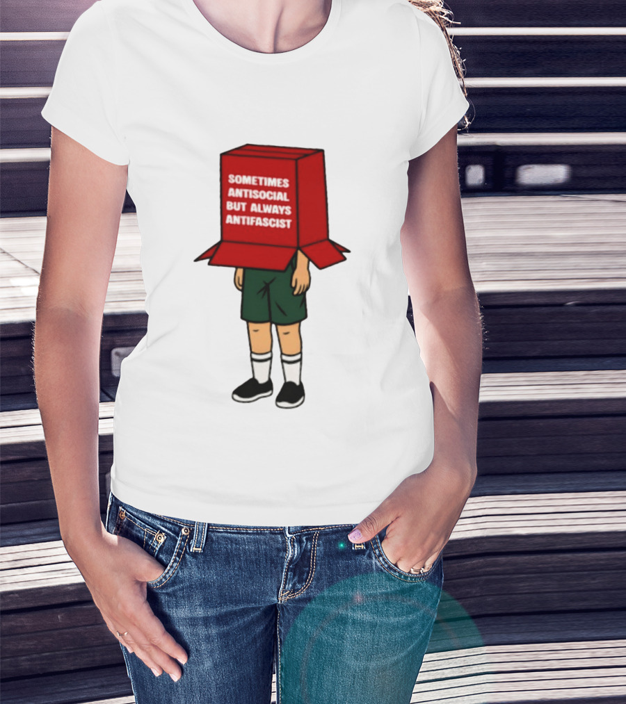 Sometimes Antisocial But Always Antifascist Box Head Cartoon T-Shirt