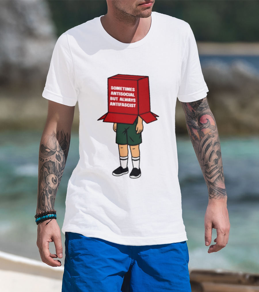 Sometimes Antisocial But Always Antifascist Box Head Cartoon T-Shirt