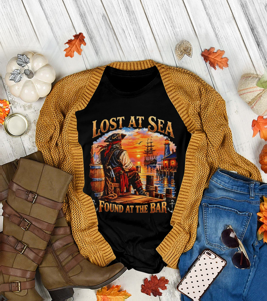 Lost At Sea Found At The Bar Pirate Sunset Sarcastic Humor T-Shirt
