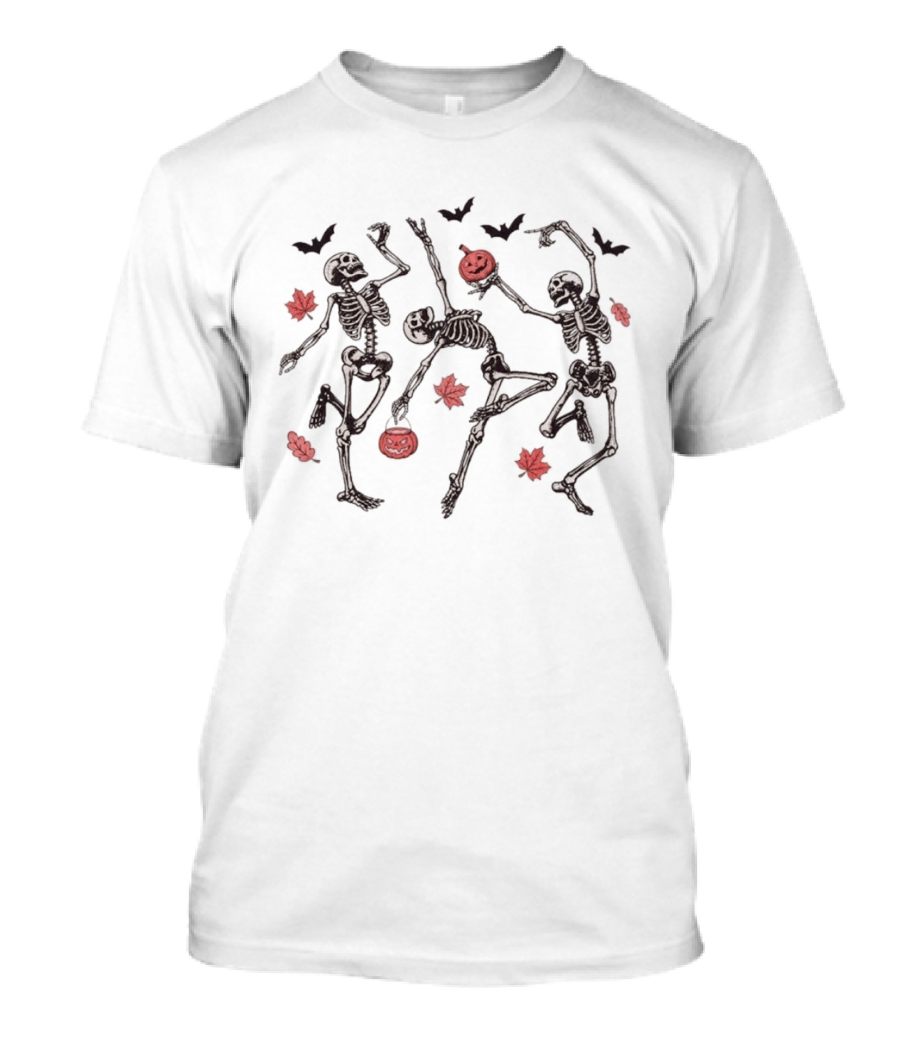 Halloween Pumpkin Dancing Skeletons With Red Autumn Leaves And Bats T-Shirt