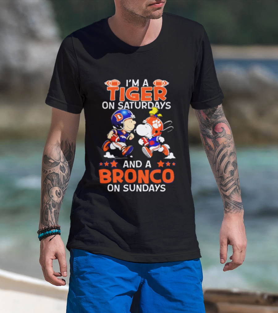 Peanuts Clemson Tigers On Saturdays Denver Broncos On Sundays Football Fan T-Shirt