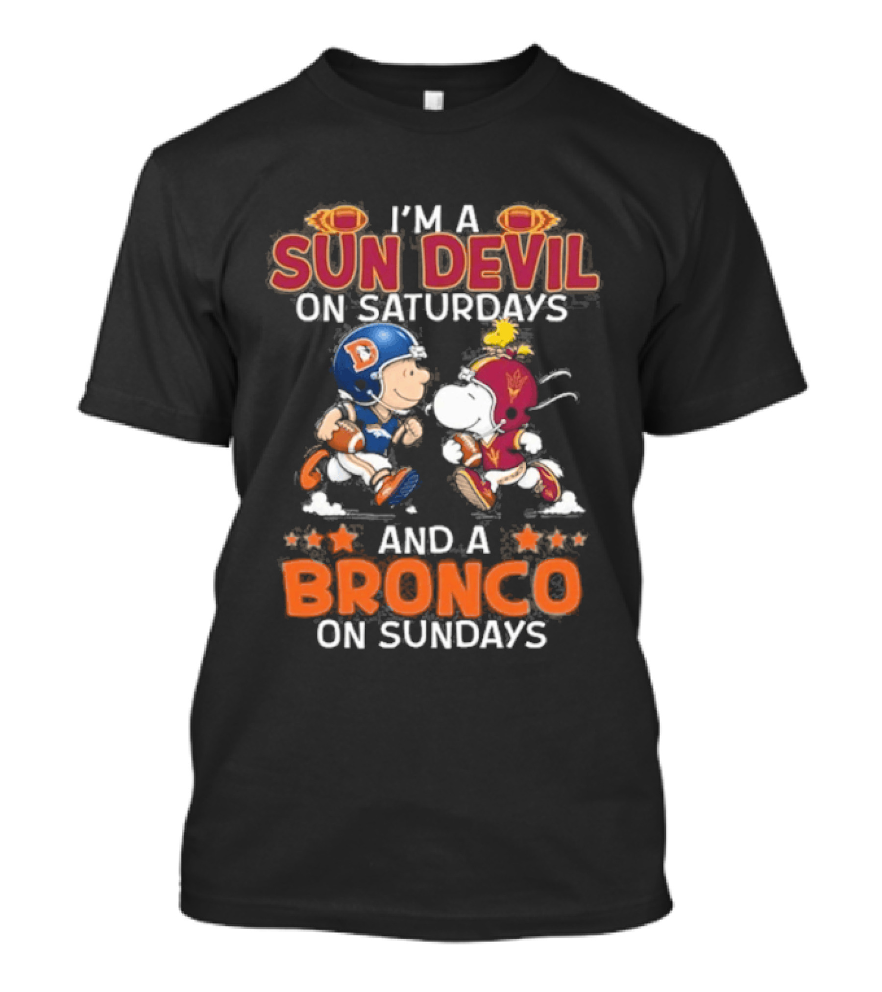 Charlie Brown Snoopy Sun Devil Saturdays Broncos Sundays Football Fan Duo T-Shirt