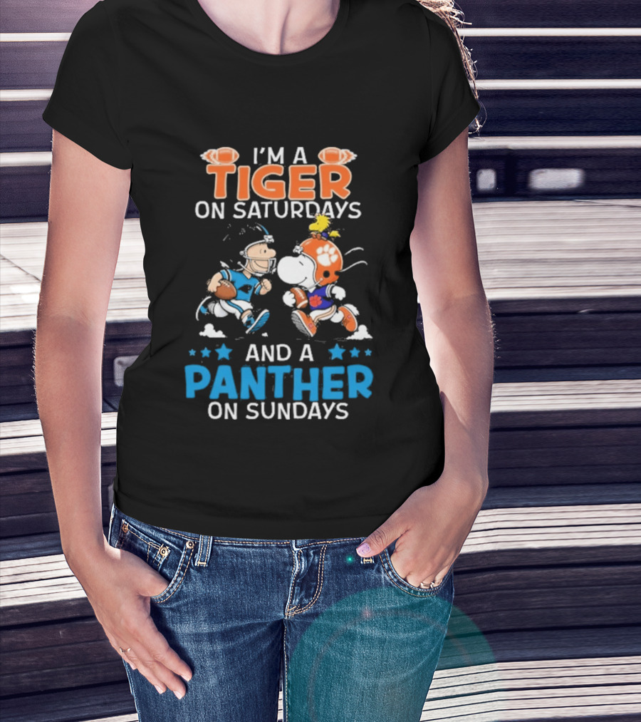 Charlie Brown Snoopy Tiger Saturdays Panther Sundays Football T-Shirt
