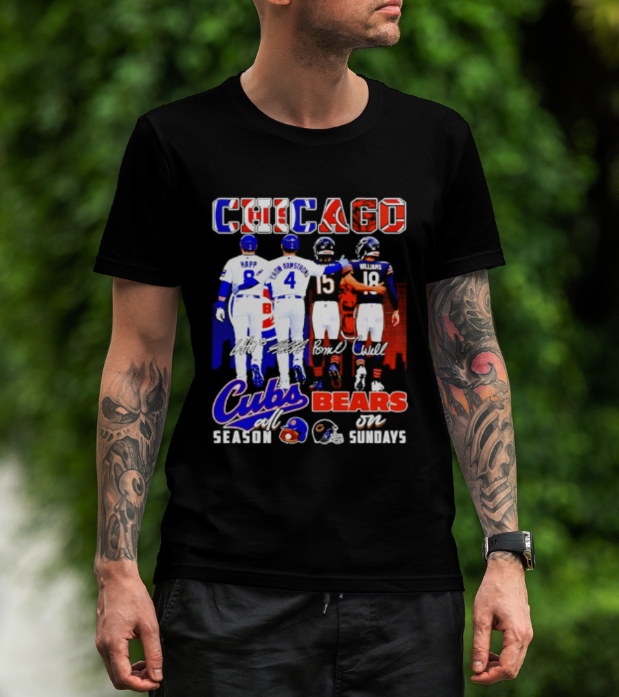 Chicago Cubs Happ And Bote Bears Fields And Moore Signature Skyline Sundays All Season T-Shirt